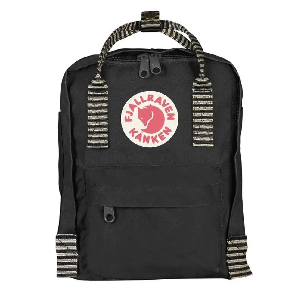 Fjallraven Kanken Black Backpack with Cream/Black Striped Handles